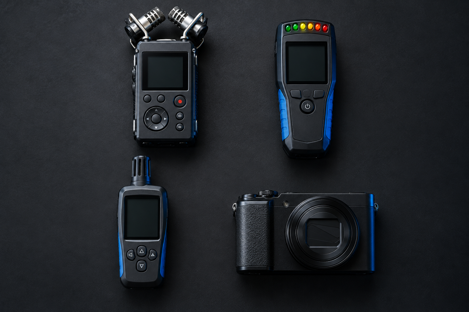 An illustrative audio recorder, EMF meter, temperature and humidity meter, and camera arranged on a charcoal surface